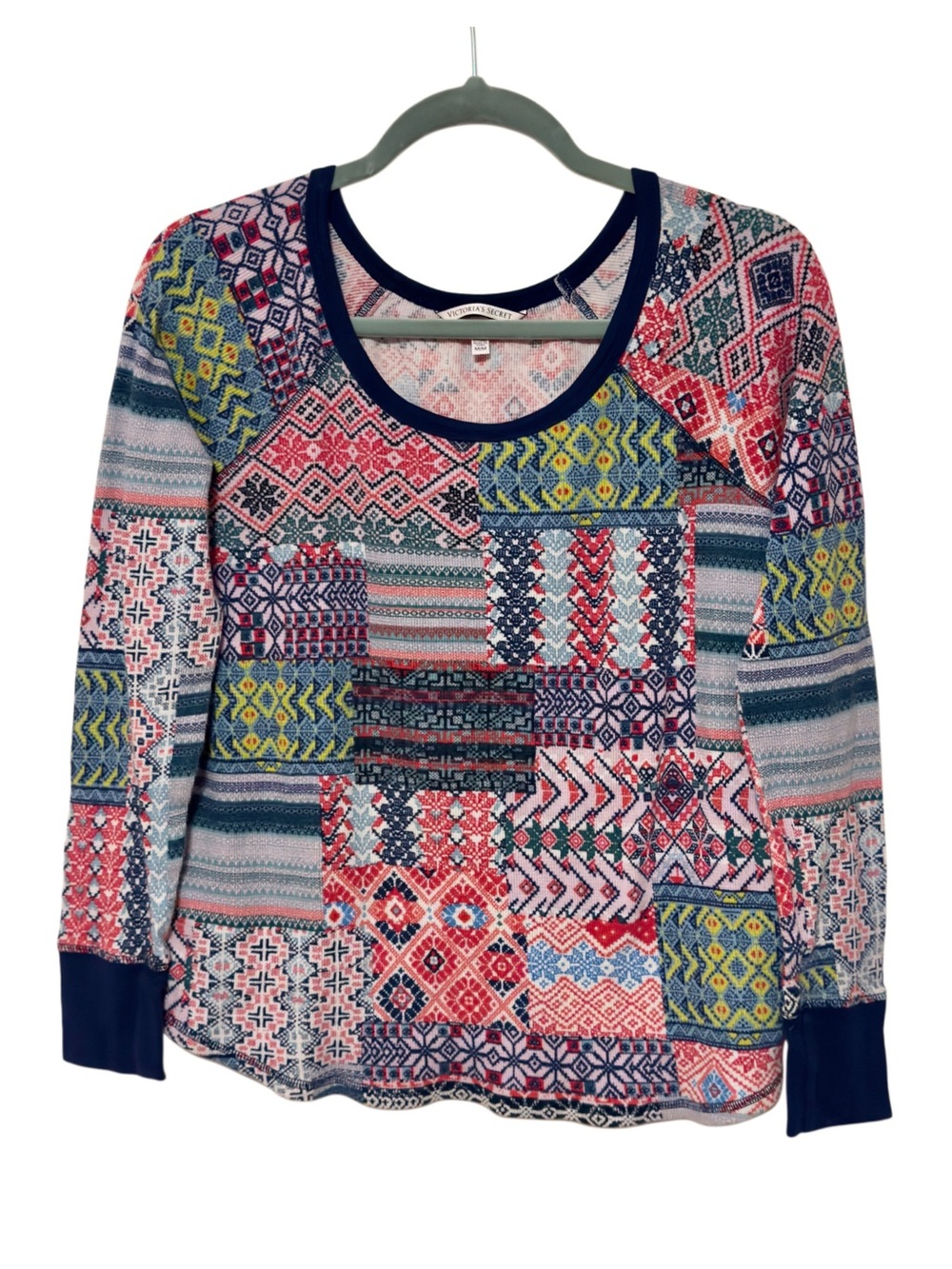 Victoria’s Secret Nordic Patchwork Print Long Sleeve Waffle Knit Lounge Top